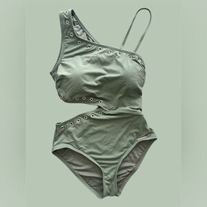 Michael Kors One Shoulder Cutout Swimsuit Olive Green Gold Grommets NWOT | S